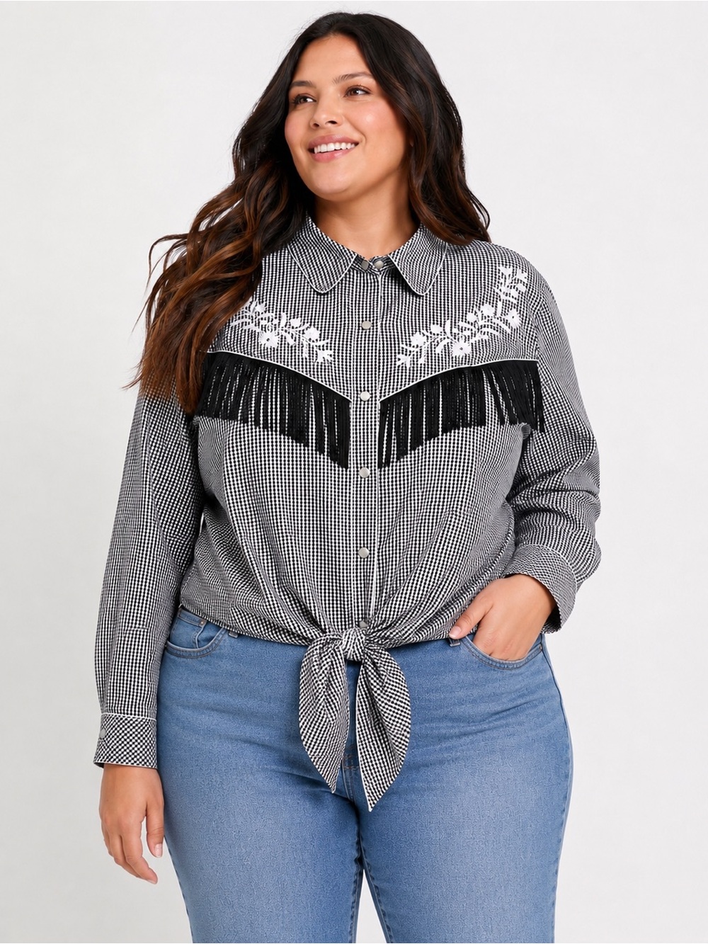Love & Legend Western Gingham Fringe Embroidered Tie Front Shirt Plus Size 24